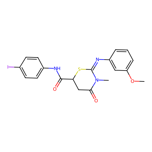 N-(4-iodophenyl)-2-(3-methoxyphenyl)imino-3-methyl-4-oxo-1,3-thiazinane-6-carboxamide structure