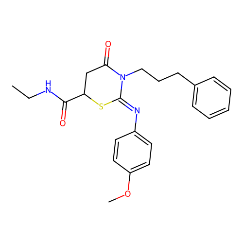 (2Z)-N-ethyl-2-[(4-methoxyphenyl)imino]-4-oxo-3-(3-phenylpropyl)-1,3-thiazinane-6-carboxamide structure
