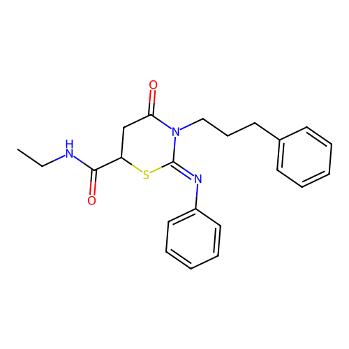 (2Z)-N-ethyl-4-oxo-2-(phenylimino)-3-(3-phenylpropyl)-1,3-thiazinane-6-carboxamide structure