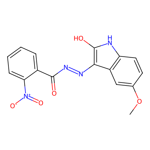 N'-[(3Z)-5-methoxy-2-oxo-1,2-dihydro-3H-indol-3-ylidene]-2-nitrobenzohydrazide structure