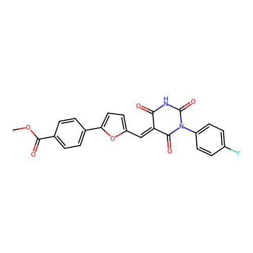 (E)-methyl 4-(5-((1-(4-fluorophenyl)-2,4,6-trioxotetrahydropyrimidin-5(2H)-ylidene)methyl)furan-2-yl)benzoate structure