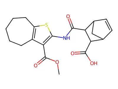 3-{[3-(methoxycarbonyl)-5,6,7,8-tetrahydro-4H-cyclohepta[b]thiophen-2-yl]carbamoyl}bicyclo[2.2.1]hept-5-ene-2-carboxylic acid structure