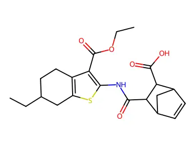 2-[(3-ethoxycarbonyl-6-ethyl-4,5,6,7-tetrahydro-1-benzothiophen-2-yl)carbamoyl]bicyclo[2.2.1]hept-5-ene-3-carboxylic acid structure