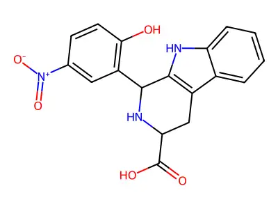 1-(2-hydroxy-5-nitrophenyl)-2,3,4,9-tetrahydro-1H-pyrido[3,4-b]indole-3-carboxylic acid structure