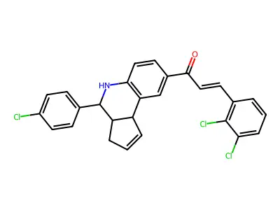 (E)-1-[4-(4-chlorophenyl)-3a,4,5,9b-tetrahydro-3H-cyclopenta[c]quinolin-8-yl]-3-(2,3-dichlorophenyl)prop-2-en-1-one structure