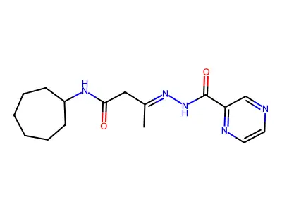 N-[[4-(cycloheptylamino)-4-oxobutan-2-ylidene]amino]pyrazine-2-carboxamide structure