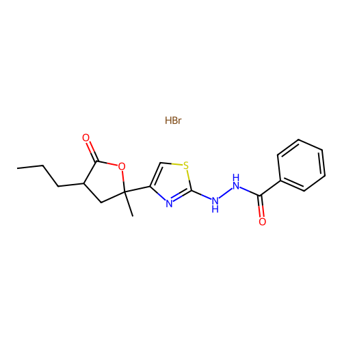 N'-(4-(2-methyl-5-oxo-4-propyltetrahydrofuran-2-yl)thiazol-2-yl)benzohydrazide hydrobromide structure