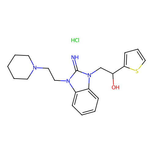 2-(2-imino-3-(2-(piperidin-1-yl)ethyl)-2,3-dihydro-1H-benzo[d]imidazol-1-yl)-1-(thiophen-2-yl)ethanol hydrochloride structure