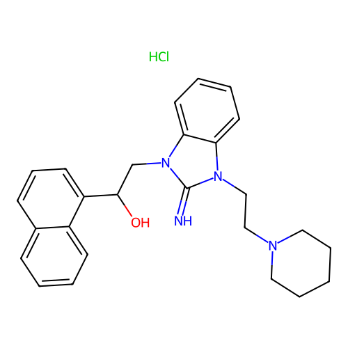 2-(2-imino-3-(2-(piperidin-1-yl)ethyl)-2,3-dihydro-1H-benzo[d]imidazol-1-yl)-1-(naphthalen-1-yl)ethanol hydrochloride structure