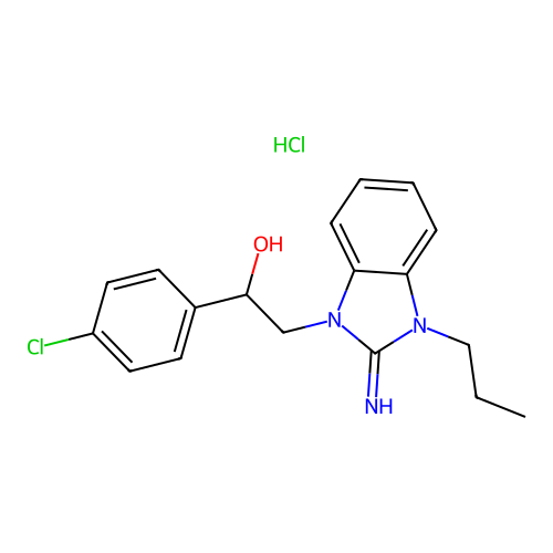 1-(4-chlorophenyl)-2-(2-imino-3-propyl-2,3-dihydro-1H-benzo[d]imidazol-1-yl)ethanol hydrochloride structure