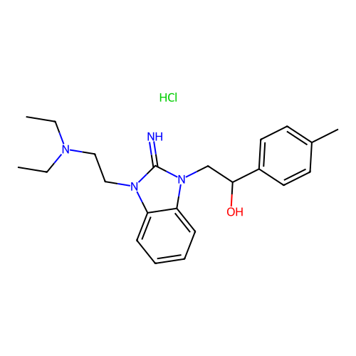 2-(3-(2-(diethylamino)ethyl)-2-imino-2,3-dihydro-1H-benzo[d]imidazol-1-yl)-1-(p-tolyl)ethanol hydrochloride structure