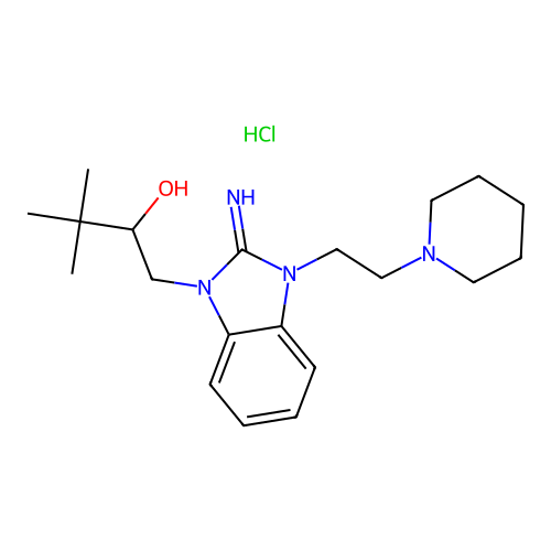 1-(2-imino-3-(2-(piperidin-1-yl)ethyl)-2,3-dihydro-1H-benzo[d]imidazol-1-yl)-3,3-dimethylbutan-2-ol hydrochloride structure