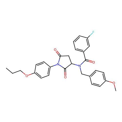 N-[2,5-dioxo-1-(4-propoxyphenyl)pyrrolidin-3-yl]-3-fluoro-N-[(4-methoxyphenyl)methyl]benzamide structure