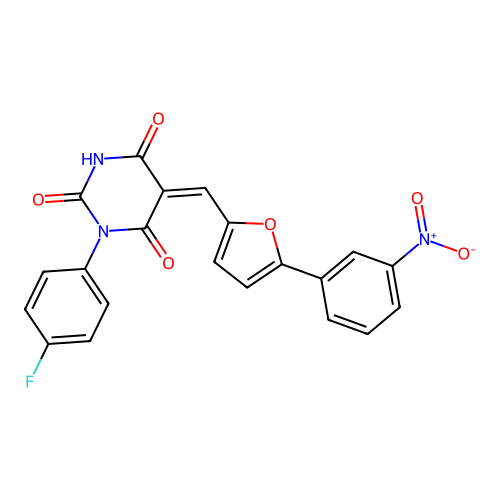 1-(4-fluorophenyl)-5-[[5-(3-nitrophenyl)-2-furyl]methylidene]-1,3-diazinane-2,4,6-trione structure