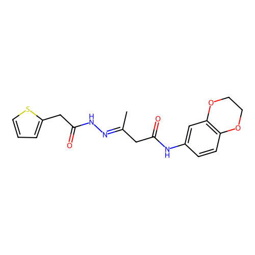 (3E)-N-(2,3-dihydro-1,4-benzodioxin-6-yl)-3-[2-(thiophen-2-ylacetyl)hydrazinylidene]butanamide structure