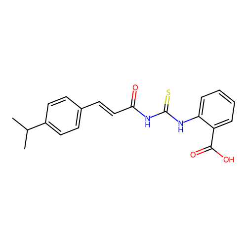 2-[({(2E)-3-[4-(propan-2-yl)phenyl]prop-2-enoyl}carbamothioyl)amino]benzoic acid structure