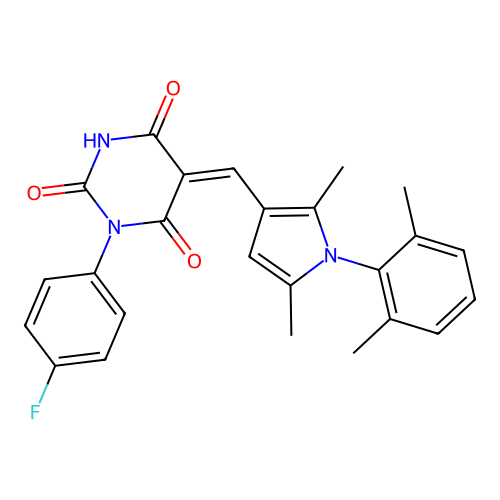 (5Z)-5-[[1-(2,6-dimethylphenyl)-2,5-dimethylpyrrol-3-yl]methylidene]-1-(4-fluorophenyl)-1,3-diazinane-2,4,6-trione structure