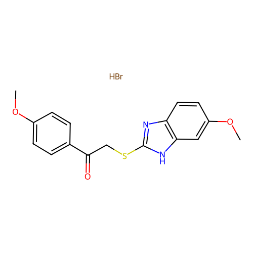 2-((5-methoxy-1H-benzo[d]imidazol-2-yl)thio)-1-(4-methoxyphenyl)ethanone hydrobromide structure