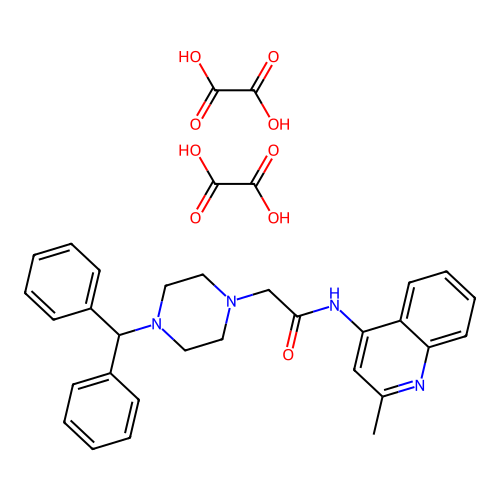 2-(4-benzhydrylpiperazin-1-yl)-N-(2-methylquinolin-4-yl)acetamide dioxalate structure