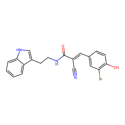 (2E)-3-(3-bromo-4-hydroxyphenyl)-2-cyano-N-[2-(1H-indol-3-yl)ethyl]prop-2-enamide structure