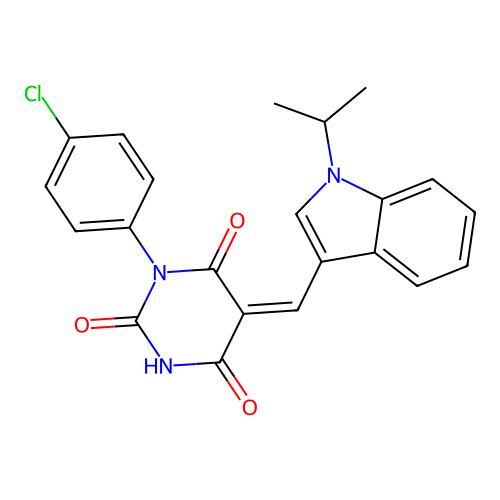 (5Z)-1-(4-chlorophenyl)-5-[(1-propan-2-ylindol-3-yl)methylidene]-1,3-diazinane-2,4,6-trione structure