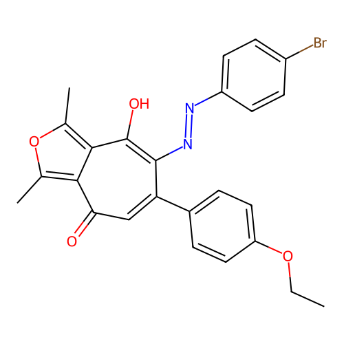 (E)-7-((4-bromophenyl)diazenyl)-6-(4-ethoxyphenyl)-8-hydroxy-1,3-dimethyl-4H-cyclohepta[c]furan-4-one structure