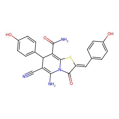 (2Z)-5-AMINO-6-CYANO-7-(4-HYDROXYPHENYL)-2-[(4-HYDROXYPHENYL)METHYLIDENE]-3-OXO-2H,3H,7H-[1,3]THIAZOLO[3,2-A]PYRIDINE-8-CARBOXAMIDE structure