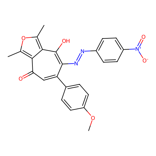 (E)-8-hydroxy-6-(4-methoxyphenyl)-1,3-dimethyl-7-((4-nitrophenyl)diazenyl)-4H-cyclohepta[c]furan-4-one structure