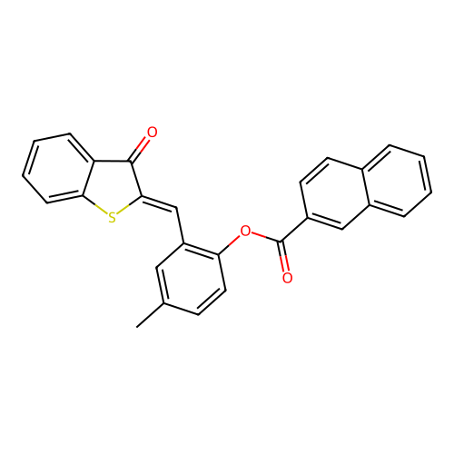 (Z)-4-methyl-2-((3-oxobenzo[b]thiophen-2(3H)-ylidene)methyl)phenyl 2-naphthoate structure