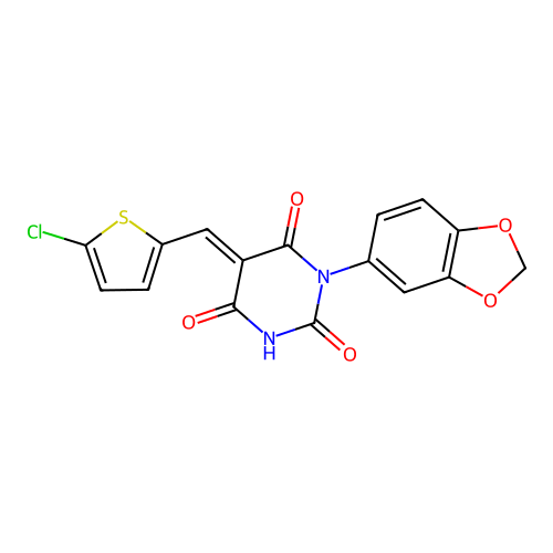 (5E)-1-(1,3-benzodioxol-5-yl)-5-[(5-chlorothiophen-2-yl)methylidene]pyrimidine-2,4,6(1H,3H,5H)-trione structure