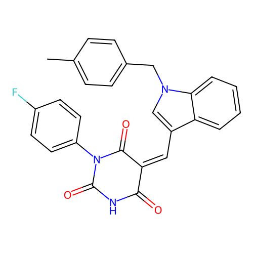 (Z)-1-(4-fluorophenyl)-5-((1-(4-methylbenzyl)-1H-indol-3-yl)methylene)pyrimidine-2,4,6(1H,3H,5H)-trione structure
