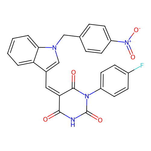 (Z)-1-(4-fluorophenyl)-5-((1-(4-nitrobenzyl)-1H-indol-3-yl)methylene)pyrimidine-2,4,6(1H,3H,5H)-trione structure