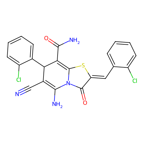 (2Z)-5-amino-7-(2-chlorophenyl)-2-[(2-chlorophenyl)methylidene]-6-cyano-3-oxo-7H-[1,3]thiazolo[3,2-a]pyridine-8-carboxamide structure