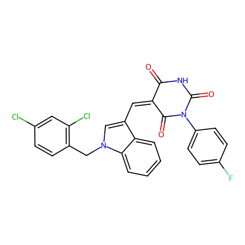 (5Z)-5-[[1-[(2,4-dichlorophenyl)methyl]indol-3-yl]methylidene]-1-(4-fluorophenyl)-1,3-diazinane-2,4,6-trione structure