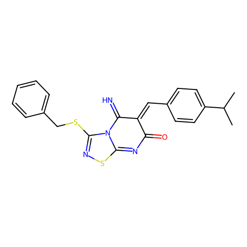 (6Z)-3-(benzylsulfanyl)-5-imino-6-[4-(propan-2-yl)benzylidene]-5,6-dihydro-7H-[1,2,4]thiadiazolo[4,5-a]pyrimidin-7-one structure