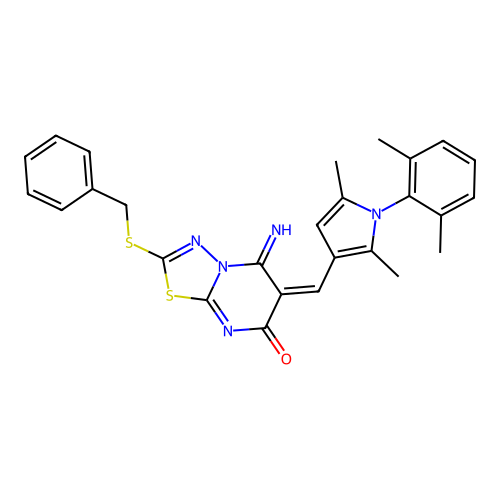 (E)-2-(benzylthio)-6-((1-(2,6-dimethylphenyl)-2,5-dimethyl-1H-pyrrol-3-yl)methylene)-5-imino-5H-[1,3,4]thiadiazolo[3,2-a]pyrimidin-7(6H)-one structure