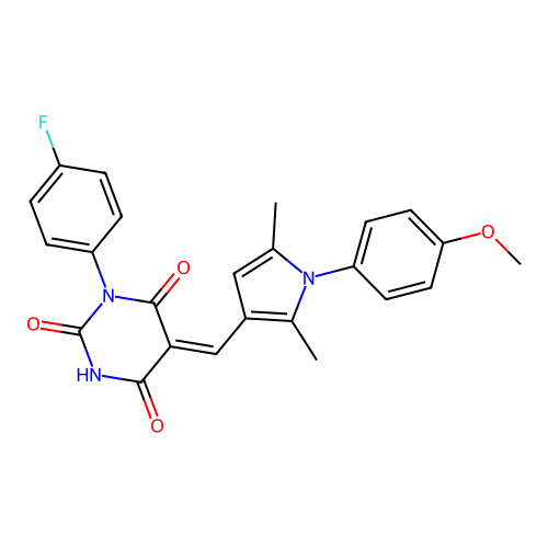 (5Z)-1-(4-fluorophenyl)-5-[[1-(4-methoxyphenyl)-2,5-dimethylpyrrol-3-yl]methylidene]-1,3-diazinane-2,4,6-trione structure