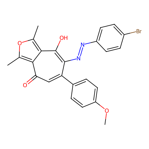 (E)-7-((4-bromophenyl)diazenyl)-8-hydroxy-6-(4-methoxyphenyl)-1,3-dimethyl-4H-cyclohepta[c]furan-4-one structure