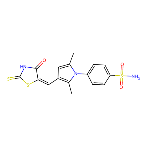 4-{2,5-dimethyl-3-[(E)-(4-oxo-2-thioxo-1,3-thiazolidin-5-ylidene)methyl]-1H-pyrrol-1-yl}benzenesulfonamide structure