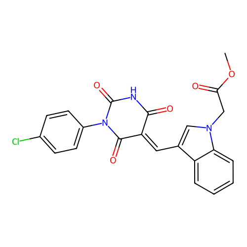 (E)-methyl 2-(3-((1-(4-chlorophenyl)-2,4,6-trioxotetrahydropyrimidin-5(2H)-ylidene)methyl)-1H-indol-1-yl)acetate structure