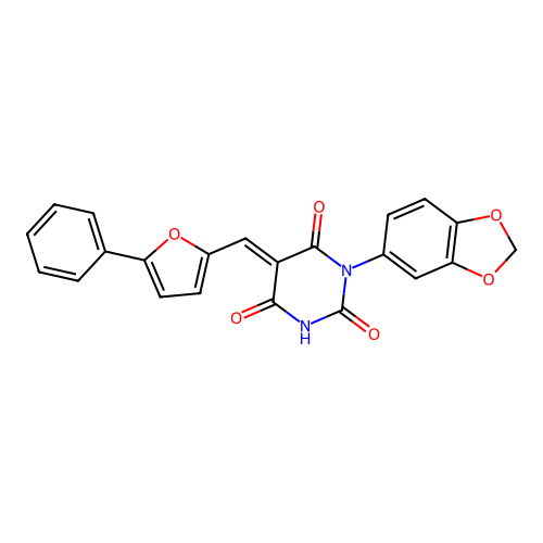 (5E)-1-(1,3-benzodioxol-5-yl)-5-[(5-phenylfuran-2-yl)methylidene]pyrimidine-2,4,6(1H,3H,5H)-trione structure
