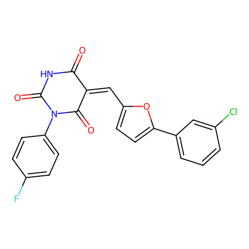 (5Z)-5-[[5-(3-chlorophenyl)furan-2-yl]methylidene]-1-(4-fluorophenyl)-1,3-diazinane-2,4,6-trione structure