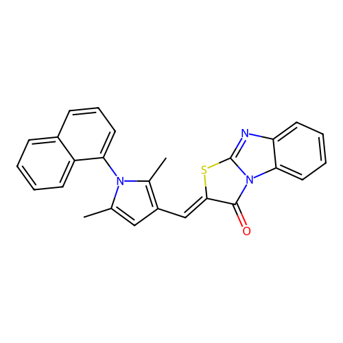 (Z)-2-((2,5-dimethyl-1-(naphthalen-1-yl)-1H-pyrrol-3-yl)methylene)benzo[4,5]imidazo[2,1-b]thiazol-3(2H)-one structure