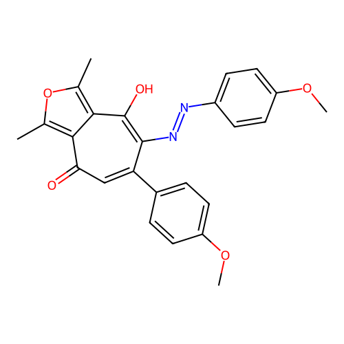 (E)-8-hydroxy-6-(4-methoxyphenyl)-7-((4-methoxyphenyl)diazenyl)-1,3-dimethyl-4H-cyclohepta[c]furan-4-one structure