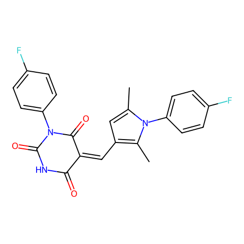 (5Z)-1-(4-fluorophenyl)-5-[[1-(4-fluorophenyl)-2,5-dimethylpyrrol-3-yl]methylidene]-1,3-diazinane-2,4,6-trione structure