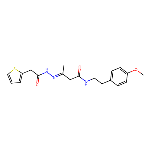 (3E)-N-[2-(4-methoxyphenyl)ethyl]-3-[2-(thiophen-2-ylacetyl)hydrazinylidene]butanamide structure