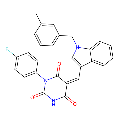 (Z)-1-(4-fluorophenyl)-5-((1-(3-methylbenzyl)-1H-indol-3-yl)methylene)pyrimidine-2,4,6(1H,3H,5H)-trione structure