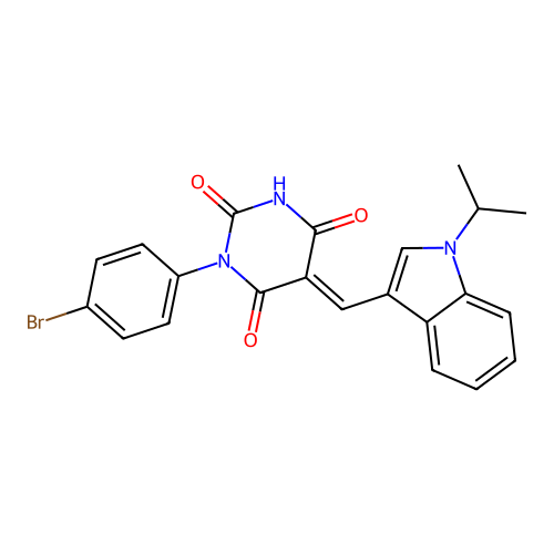 (E)-1-(4-bromophenyl)-5-((1-isopropyl-1H-indol-3-yl)methylene)pyrimidine-2,4,6(1H,3H,5H)-trione structure