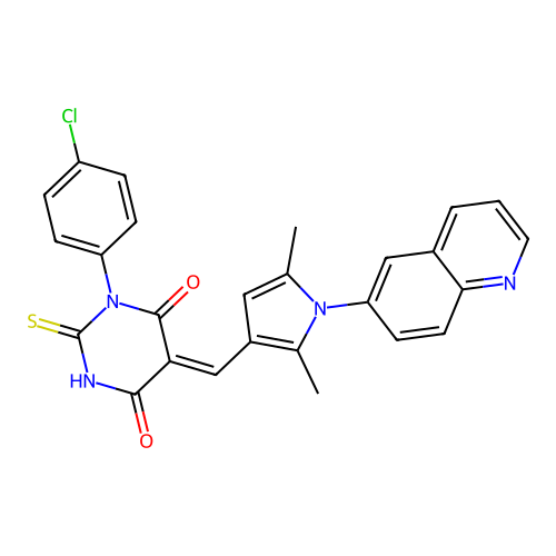 (5Z)-1-(4-chlorophenyl)-5-[(2,5-dimethyl-1-quinolin-6-ylpyrrol-3-yl)methylidene]-2-sulfanylidene-1,3-diazinane-4,6-dione structure