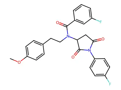 3-fluoro-N-[1-(4-fluorophenyl)-2,5-dioxopyrrolidin-3-yl]-N-[2-(4-methoxyphenyl)ethyl]benzamide structure